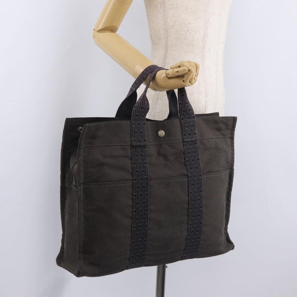 HERMES Her Line Tote MM Tote Bag Canvas Gray Silver Auth 204530