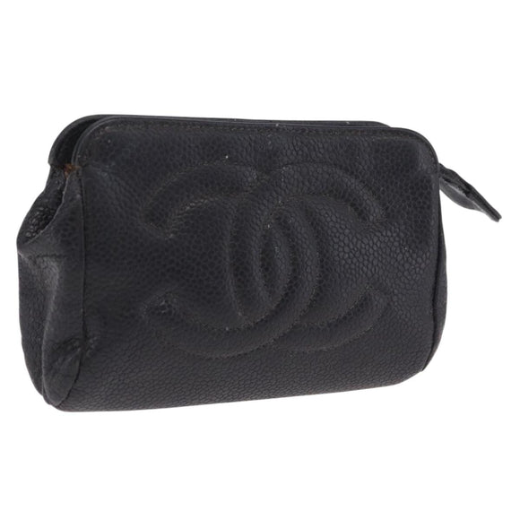 CHANEL COCO Mark Pouch Caviar Skin Black Gold CC Auth 204533