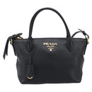 PRADA Hand Bag Leather 2way Black Gold Tone Auth 204580M-13