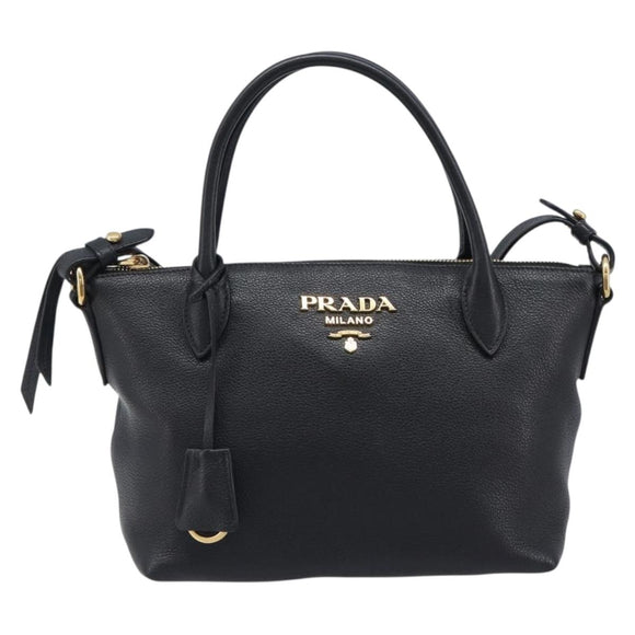 PRADA Hand Bag Leather 2way Black Gold Tone Auth 204580M