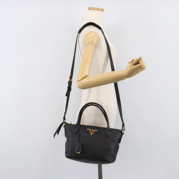 PRADA Hand Bag Leather 2way Black Gold Tone Auth 204580M