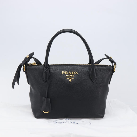 PRADA Hand Bag Leather 2way Black Gold Tone Auth 204580M