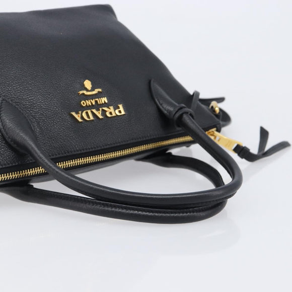 PRADA Hand Bag Leather 2way Black Gold Tone Auth 204580M