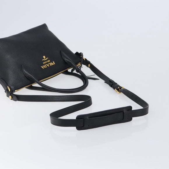 PRADA Hand Bag Leather 2way Black Gold Tone Auth 204580M