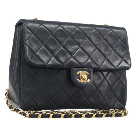 CHANEL Mini Matelasse 20 Chain Shoulder Bag Lamb Skin Black Gold CC Auth 204583V