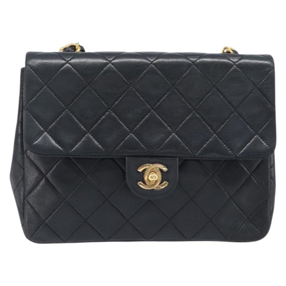 CHANEL Mini Matelasse 20 Chain Shoulder Bag Lamb Skin Black Gold CC Auth 204583V