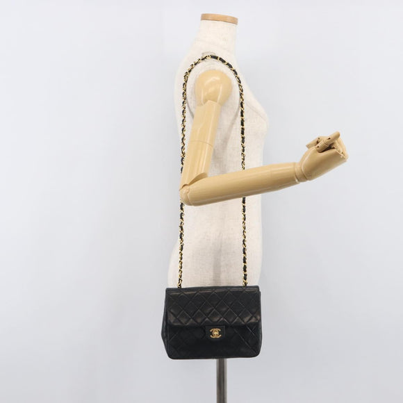 CHANEL Mini Matelasse 20 Chain Shoulder Bag Lamb Skin Black Gold CC Auth 204583V