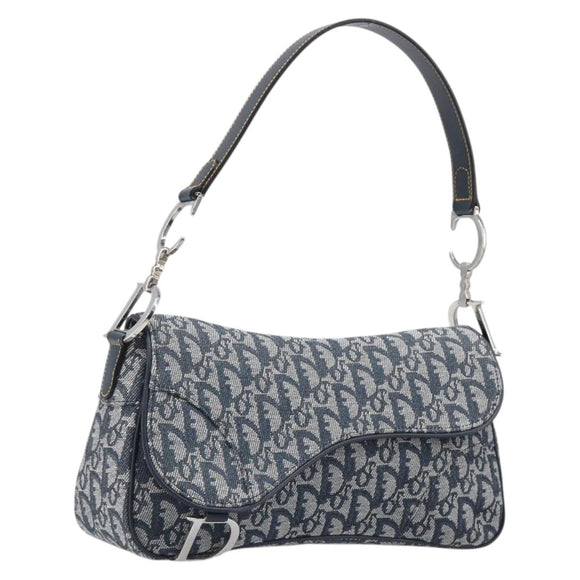 Christian Dior Trotter Canvas Saddle Shoulder Bag Navy Silver Auth 204592V