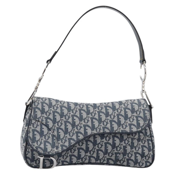 Christian Dior Trotter Canvas Saddle Shoulder Bag Navy Silver Auth 204592V