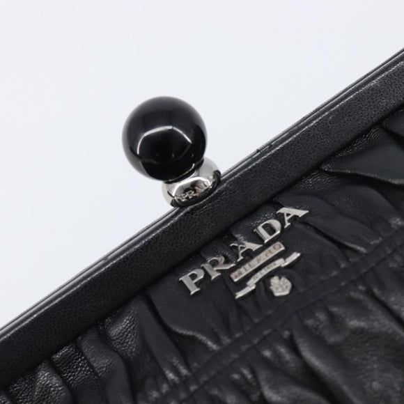 PRADA Gathered Cosmetic Pouch Leather Black Silver Auth 204606V