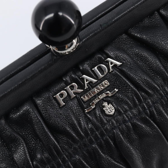 PRADA Gathered Cosmetic Pouch Leather Black Silver Auth 204606V