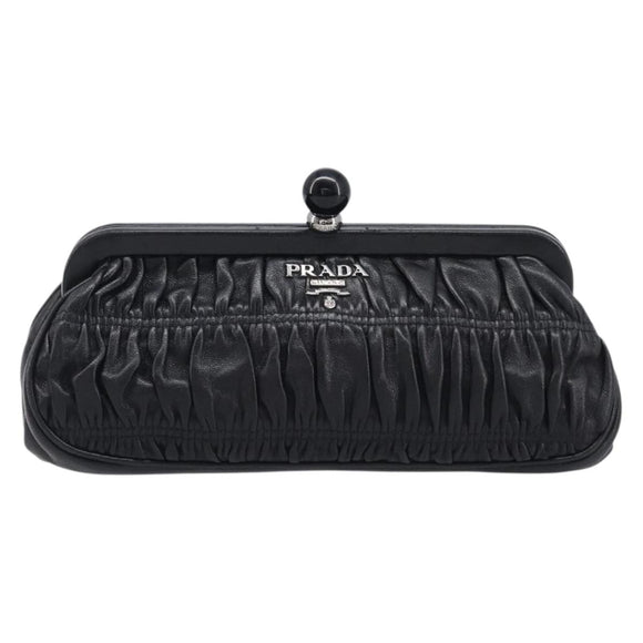PRADA Gathered Cosmetic Pouch Leather Black Silver Auth 204606V