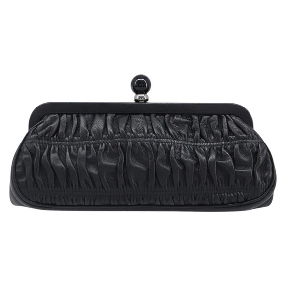 PRADA Gathered Cosmetic Pouch Leather Black Silver Auth 204606V