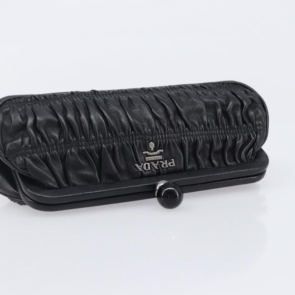 PRADA Gathered Cosmetic Pouch Leather Black Silver Auth 204606V