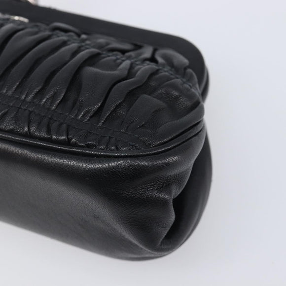 PRADA Gathered Cosmetic Pouch Leather Black Silver Auth 204606V