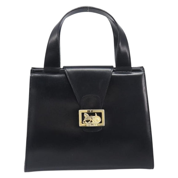 CELINE Horse Carriage Hand Bag Leather Black Gold Tone Auth 204622V