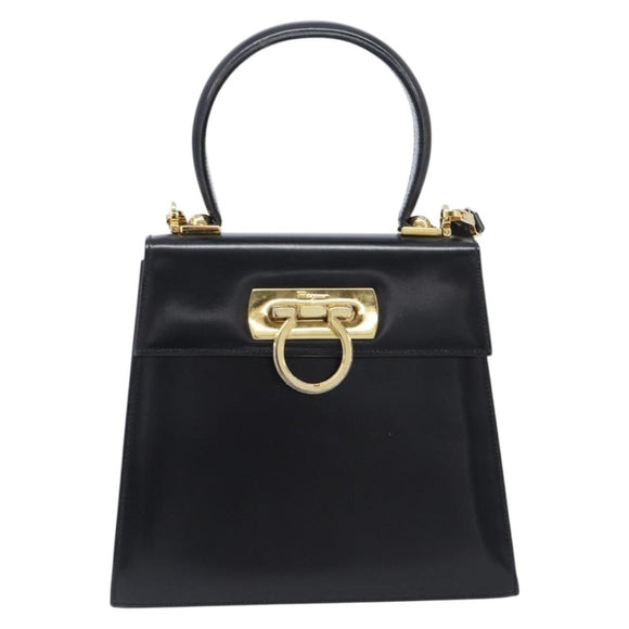 Salvatore Ferragamo Gancini Hand Bag Leather 2way Black Gold Tone Auth 204629V
