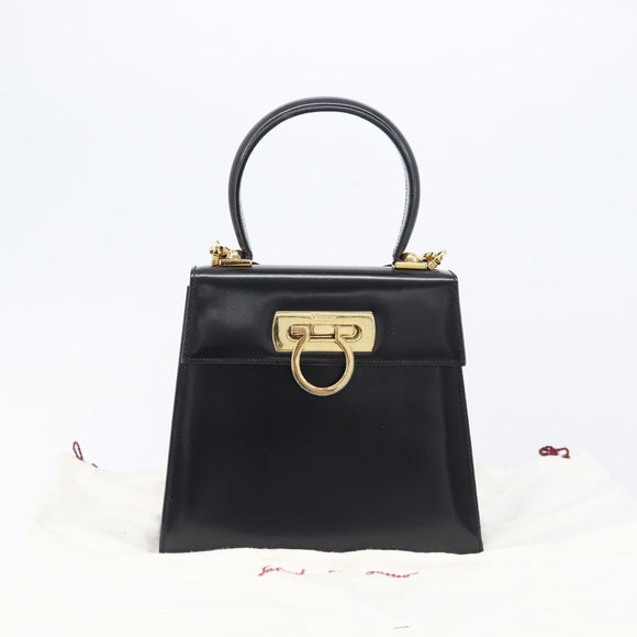 Salvatore Ferragamo Gancini Hand Bag Leather 2way Black Gold Tone Auth 204629V