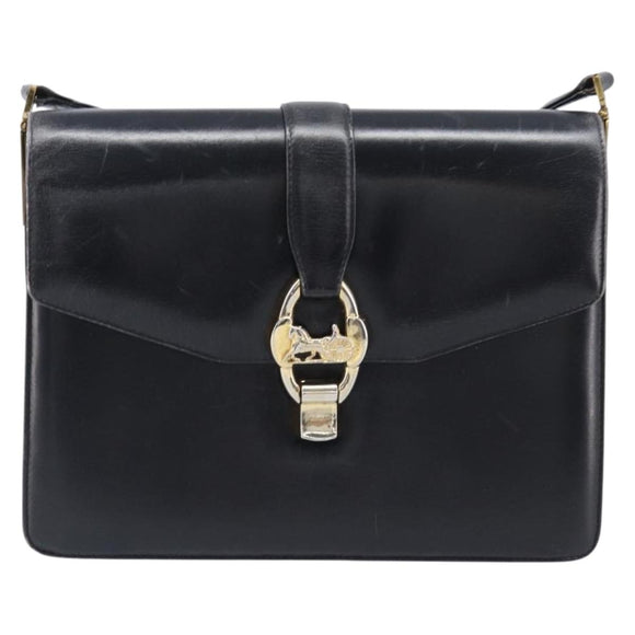 CELINE Horse Carriage Shoulder Bag Leather Black Gold Tone Auth 204631