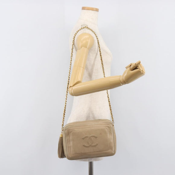 CHANEL Chain Shoulder Bag Leather Beige Gold Tone CC Auth 204639A