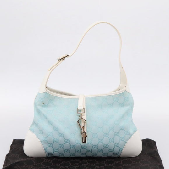 GUCCI GG Canvas Jackie Shoulder Bag Light Blue Gold Tone 001 4057 Auth 204640V