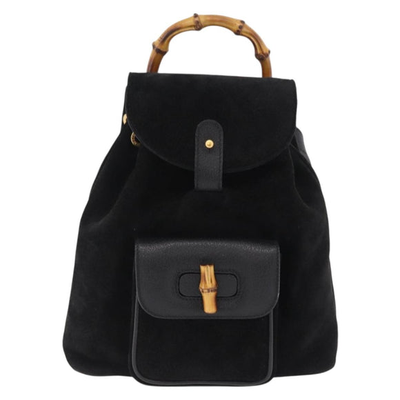 GUCCI Bamboo Backpack Suede Black Gold Tone 003 1705 0030 Auth 204642A