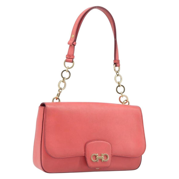 Salvatore Ferragamo Gancini Chain Shoulder Bag Leather Pink Gold Auth 204648A