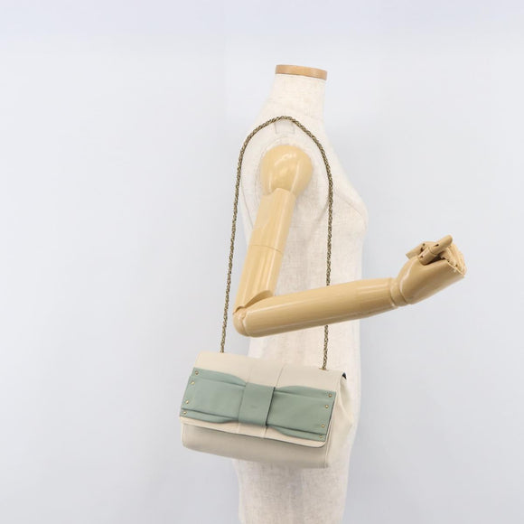 Chloe June Chain Shoulder Bag Leather White Gold Tone Auth 204652A