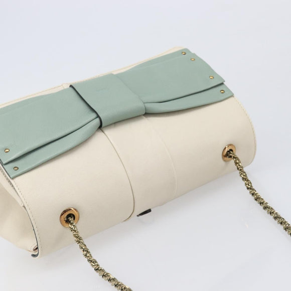 Chloe June Chain Shoulder Bag Leather White Gold Tone Auth 204652A