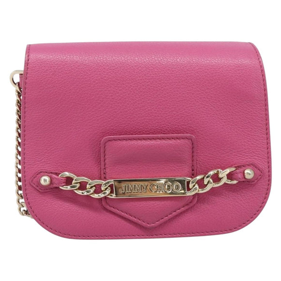 Jimmy Choo Chain Shoulder Bag Leather Pink Gold Tone Auth 204657A