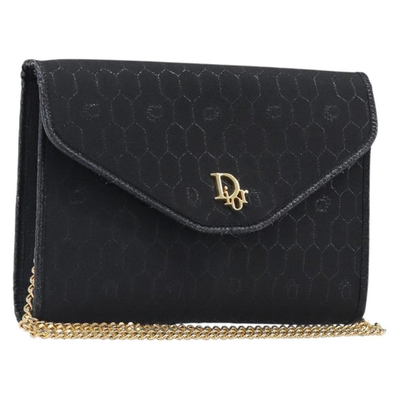 Christian Dior Honeycomb Canvas Chain Shoulder Bag Black Gold Tone Auth 204664A