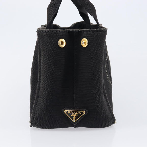 PRADA Canapa PM Hand Bag Canvas Black Gold Tone Auth 204699