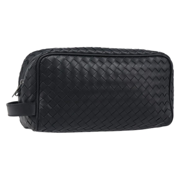 BOTTEGA VENETA INTRECCIATO Clutch Bag Leather Black Silver 244706 Auth 204700V
