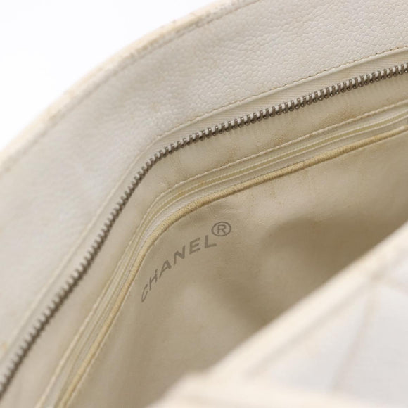 CHANEL Tote Bag Caviar Skin Standard White Silver CC Auth 204728