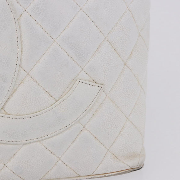 CHANEL Tote Bag Caviar Skin Standard White Silver CC Auth 204728