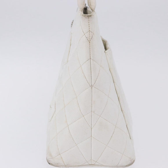CHANEL Tote Bag Caviar Skin Standard White Silver CC Auth 204728