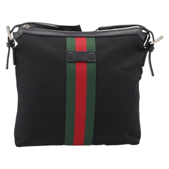 GUCCI Web Sherry Line Shoulder Bag Canvas Black Silver 387111 Auth 204729A
