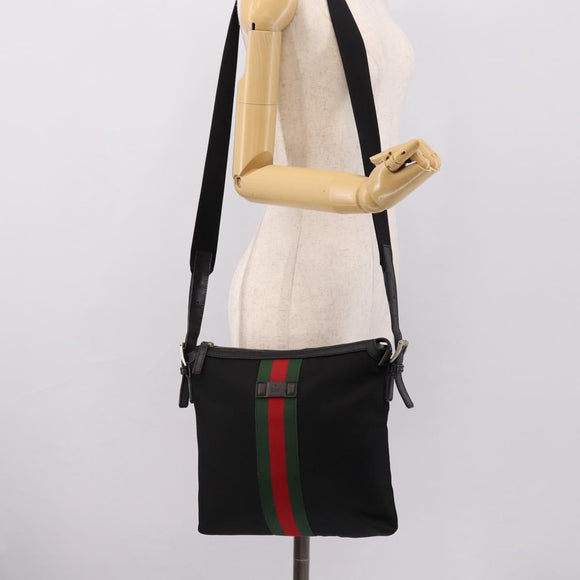 GUCCI Web Sherry Line Shoulder Bag Canvas Black Silver 387111 Auth 204729A