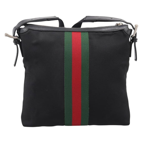 GUCCI Web Sherry Line Shoulder Bag Canvas Black Silver 387111 Auth 204729A