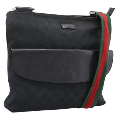 GUCCI GG Canvas Web Sherry Line Shoulder Bag Black Silver 256100 Auth 204737A
