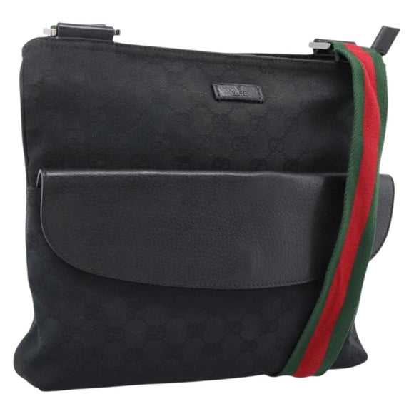 GUCCI GG Canvas Web Sherry Line Shoulder Bag Black Silver 256100 Auth 204737A