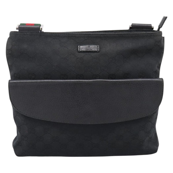 GUCCI GG Canvas Web Sherry Line Shoulder Bag Black Silver 256100 Auth 204737A