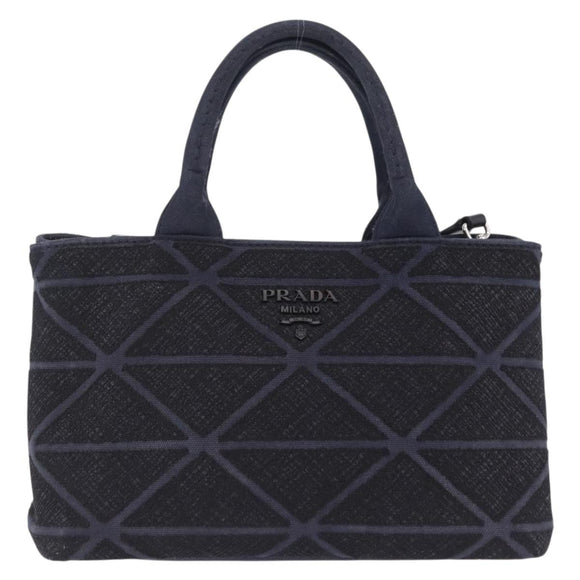 PRADA Canapa Triangle Hand Bag Canvas 2way Navy Silver Auth 204765M