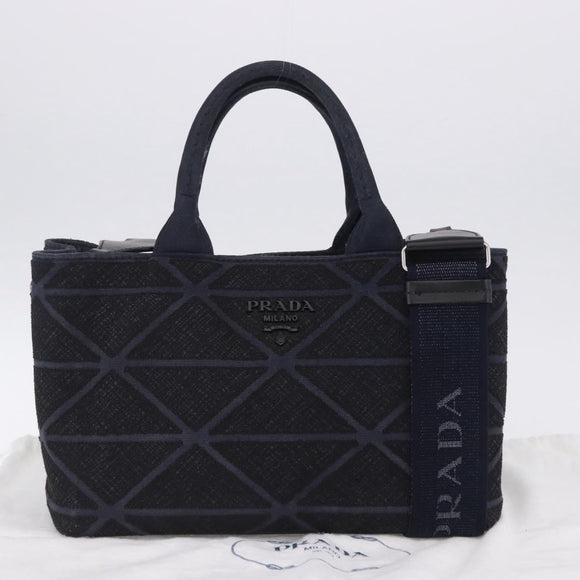 PRADA Canapa Triangle Hand Bag Canvas 2way Navy Silver Auth 204765M