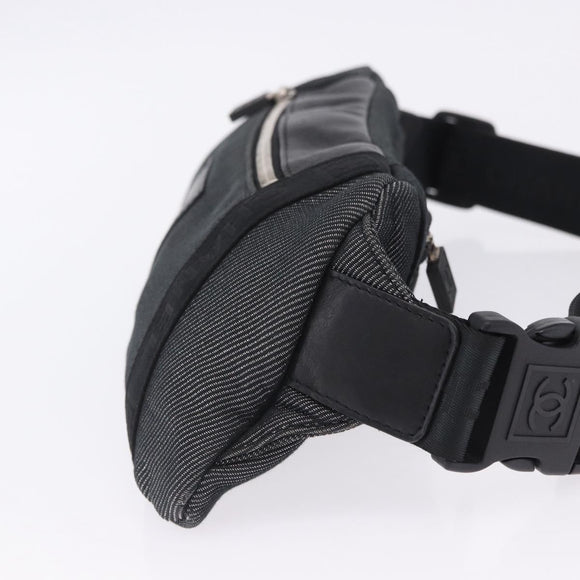 CHANEL Sports Line Waist Bag Canvas Black Silver CC Auth 204767V