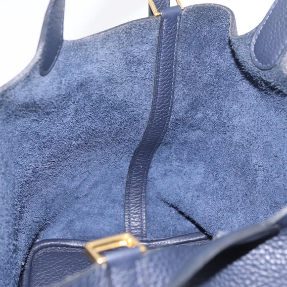 HERMES Picotan Lock MM Hand Bag Taurillon Leather Navy Gold Auth 204768SM
