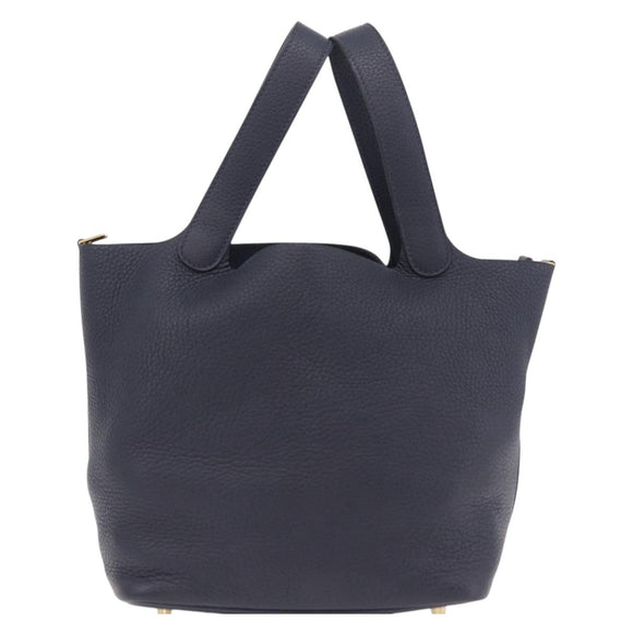 HERMES Picotan Lock MM Hand Bag Taurillon Leather Navy Gold Auth 204768SM