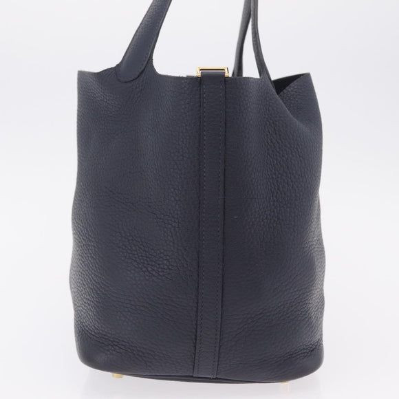 HERMES Picotan Lock MM Hand Bag Taurillon Leather Navy Gold Auth 204768SM