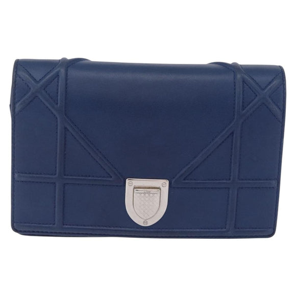 Christian Dior Diorama Chain Shoulder Bag Leather Blue Silver Auth 204772V