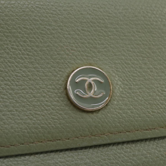 CHANEL Card Case Leather Green Gold CC Auth 204781